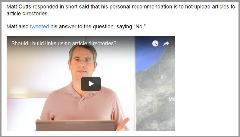 matt cutts advice on avoiding link building through article directories